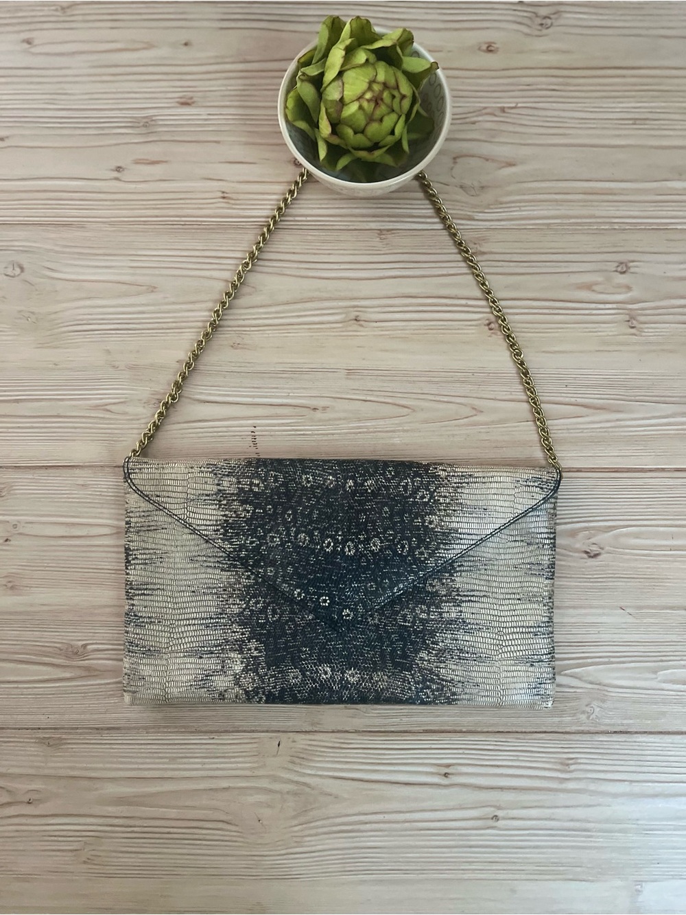 J.Crew Metallic Lizard Embossed Clutch With Chain